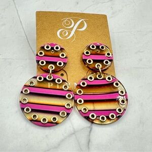 Bold Pink & Gold Statement Dangle Earrings Geometric Disc Earrings